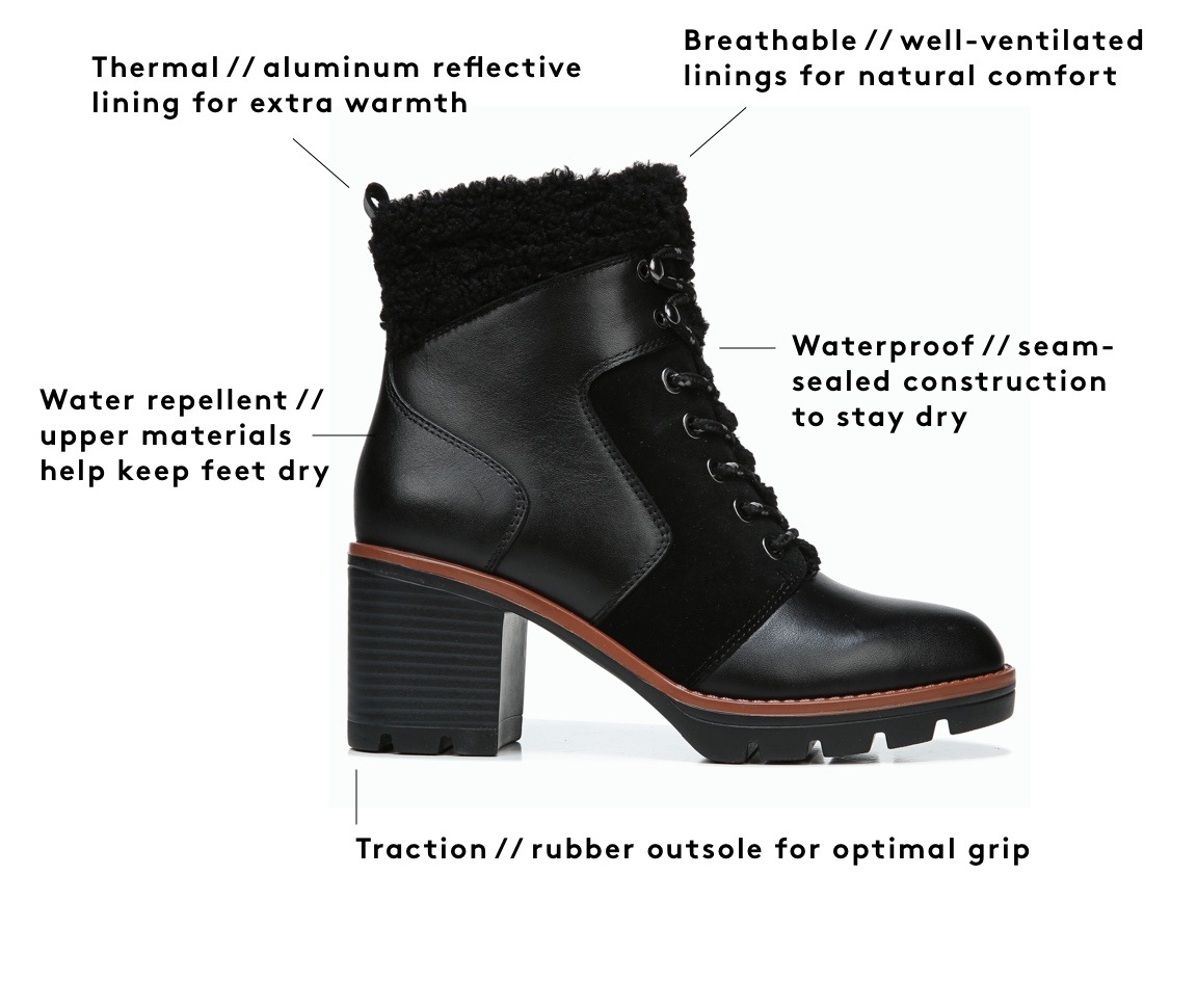 Waterproof // seam-sealed construction to stay dry  | Thermal // aluminum reflective lining for extra warmth | Traction // rubber outsole for optimal grip | Water repellent // upper materials help keep feet dry | Breathable // well-ventilated linings for natural comfort