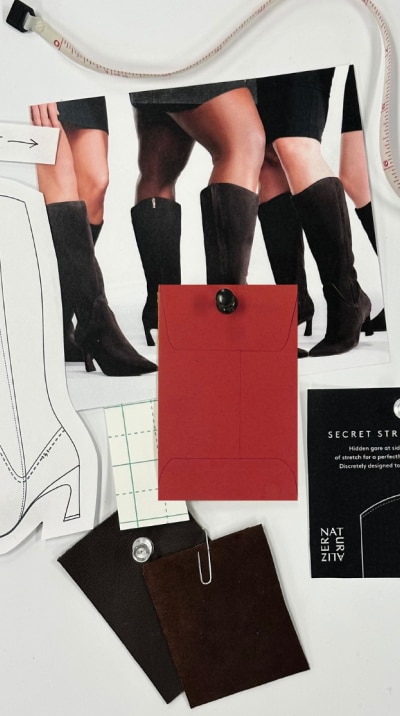 collage of red, white, and black imagery, featuring the legs of models wearing Naturalizer boots