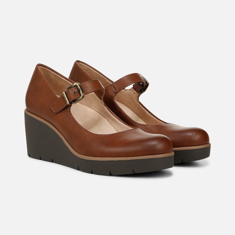 SOUL Adore Mary Jane Wedge Shoes (Toffee Brown Faux Leather) Size 7.0 W Round Toe