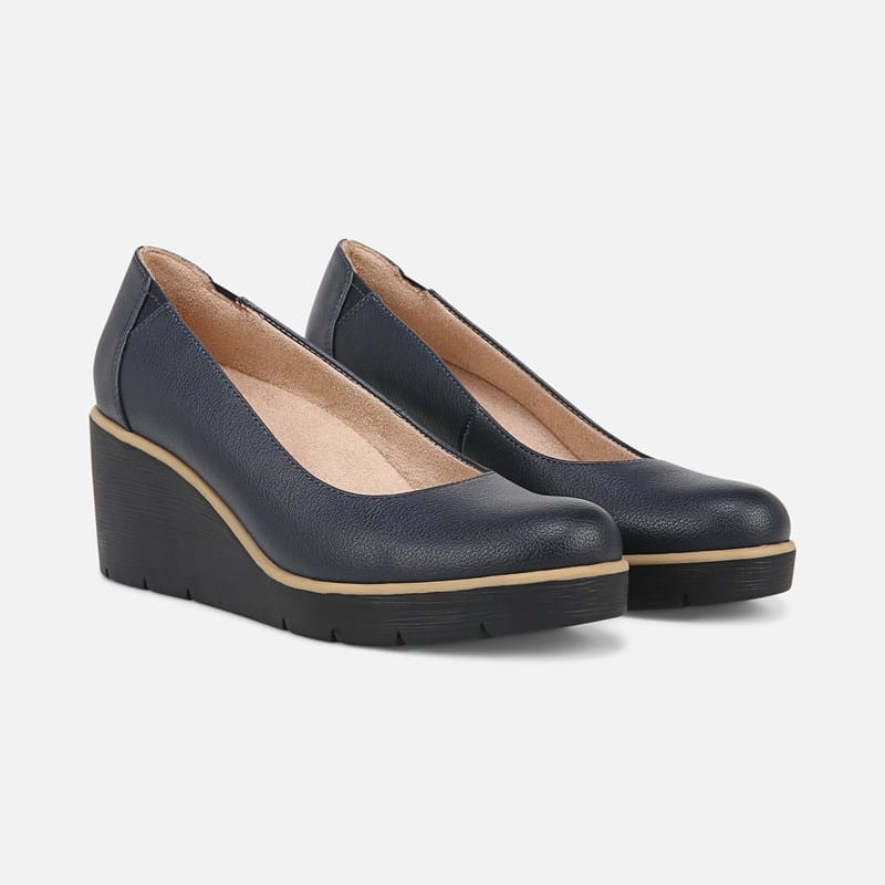 SOUL About Time Wedge Pump Shoes (Navy Faux Leather) Size 8.5 M Slip On Fit, Round Toe