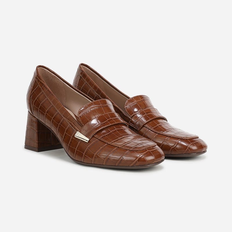 NAT Naturalizer Davi Heeled Loafer Shoes (Dark Brown Croco Faux Leather) Size 6.5 M Slip-On, Round Toe